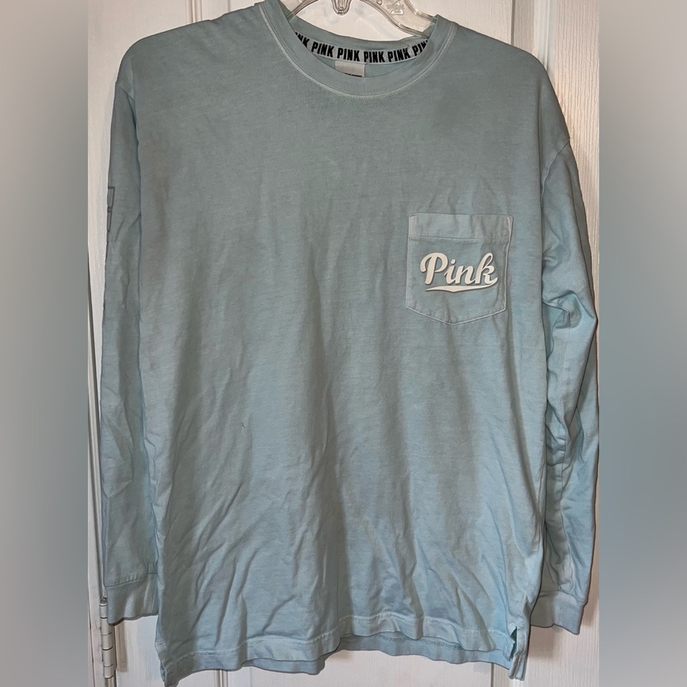 PINK Victoria’s Secret Baby Blue Long Sleeve Pocket Tee Logo Size XS